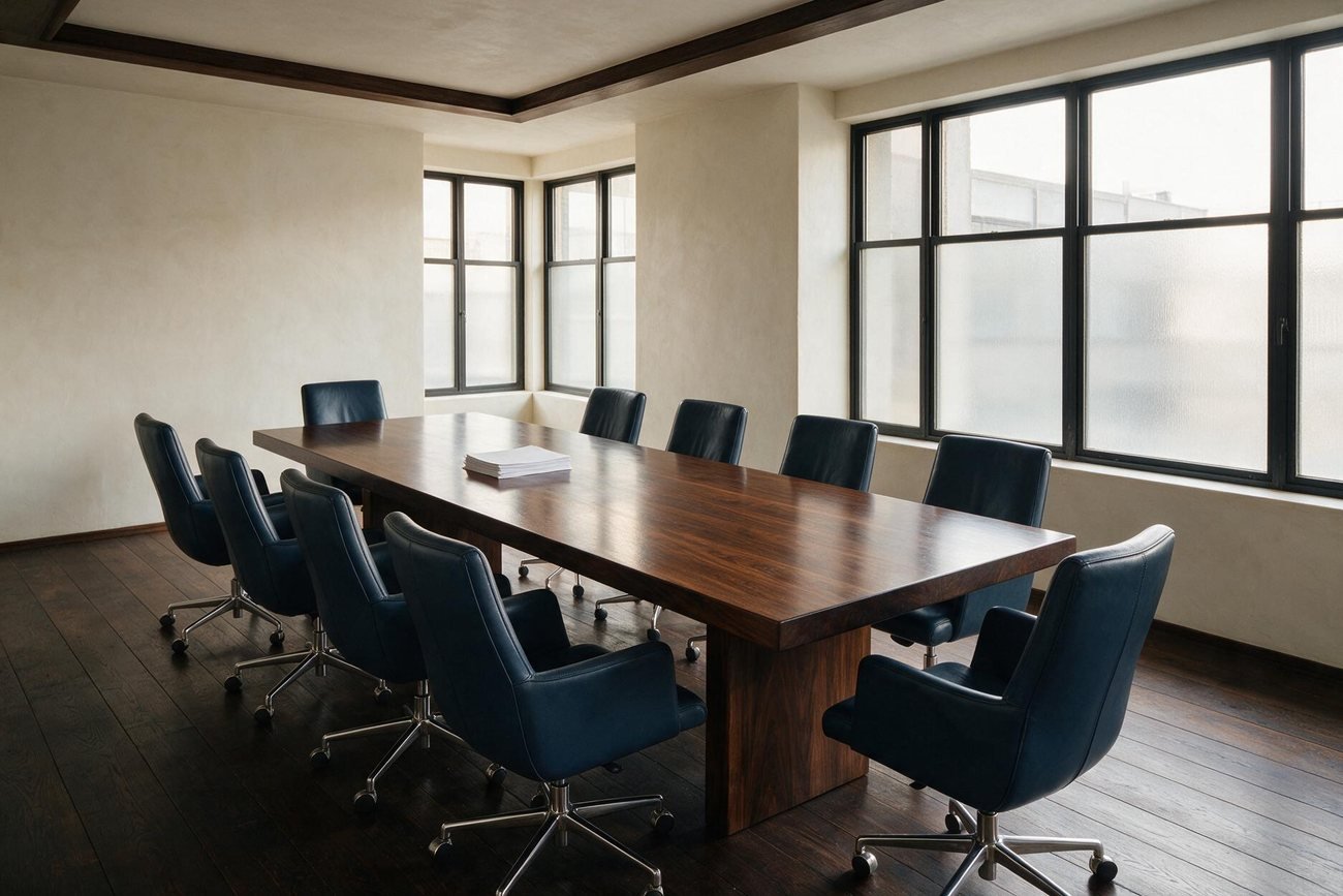 An empty boardroom with a single stack of papers on the table