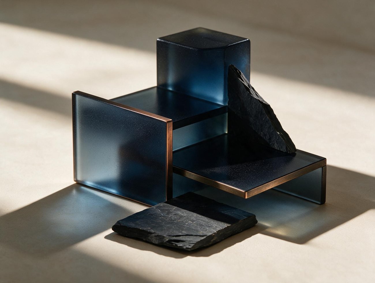 Layered navy glass and slate forms arranged as a stepped structure